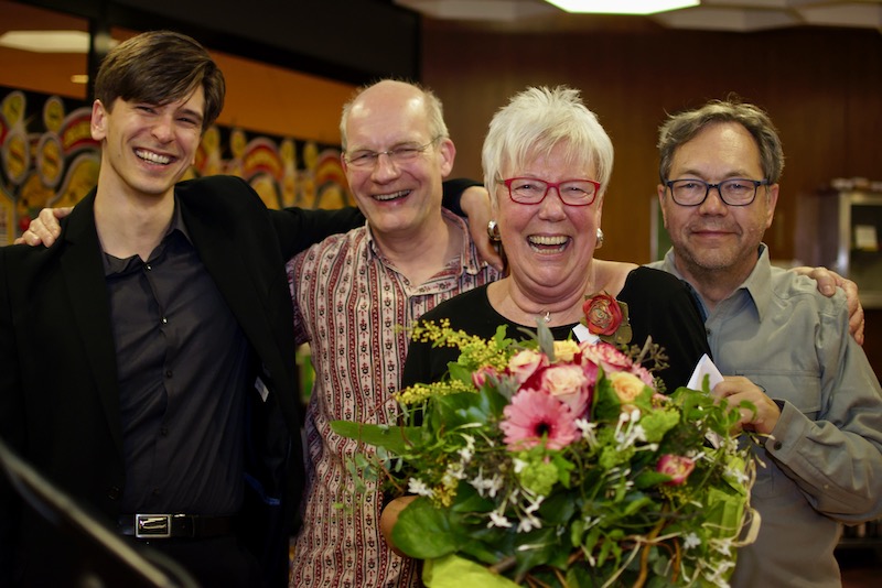 Group picture with Christine Harms (third from the left) with Tarek Besold (left), Dieter Jaeger (second from left) and Luc Steels (right)